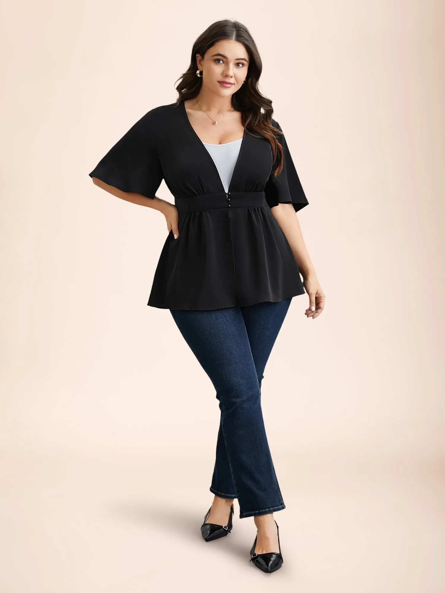 V-Neck Stretchy-Waist Button Flared Blouse sold by Bloomchic product image thumbnail 2