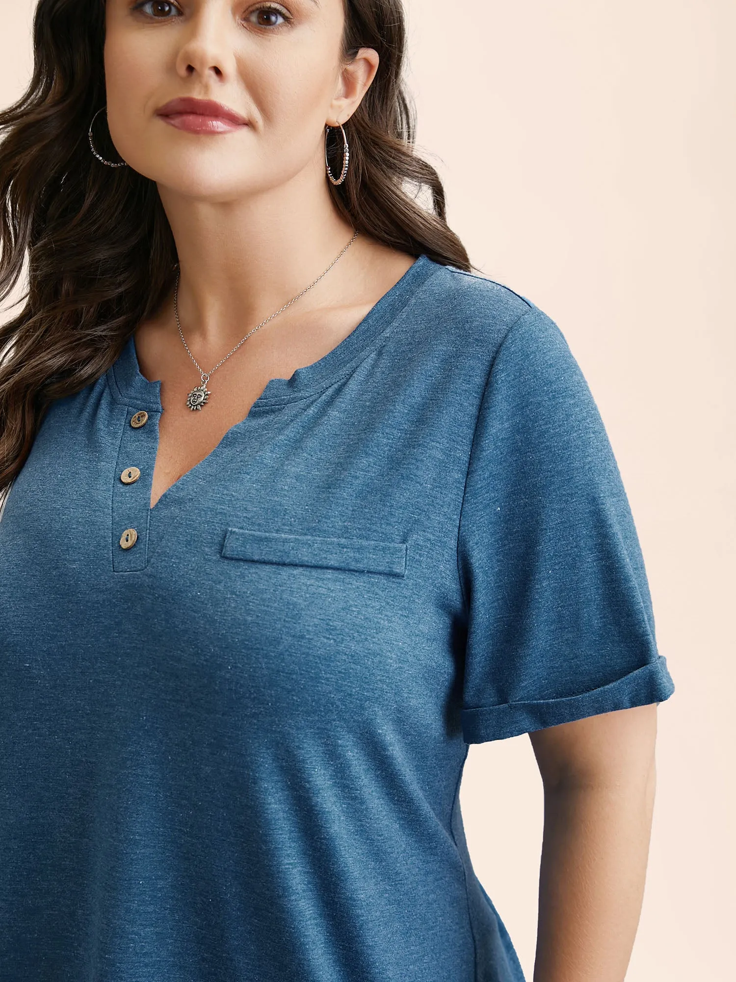 Button-Front Half Sleeve Fitted T-Shirt sold by Bloomchic product image thumbnail 4