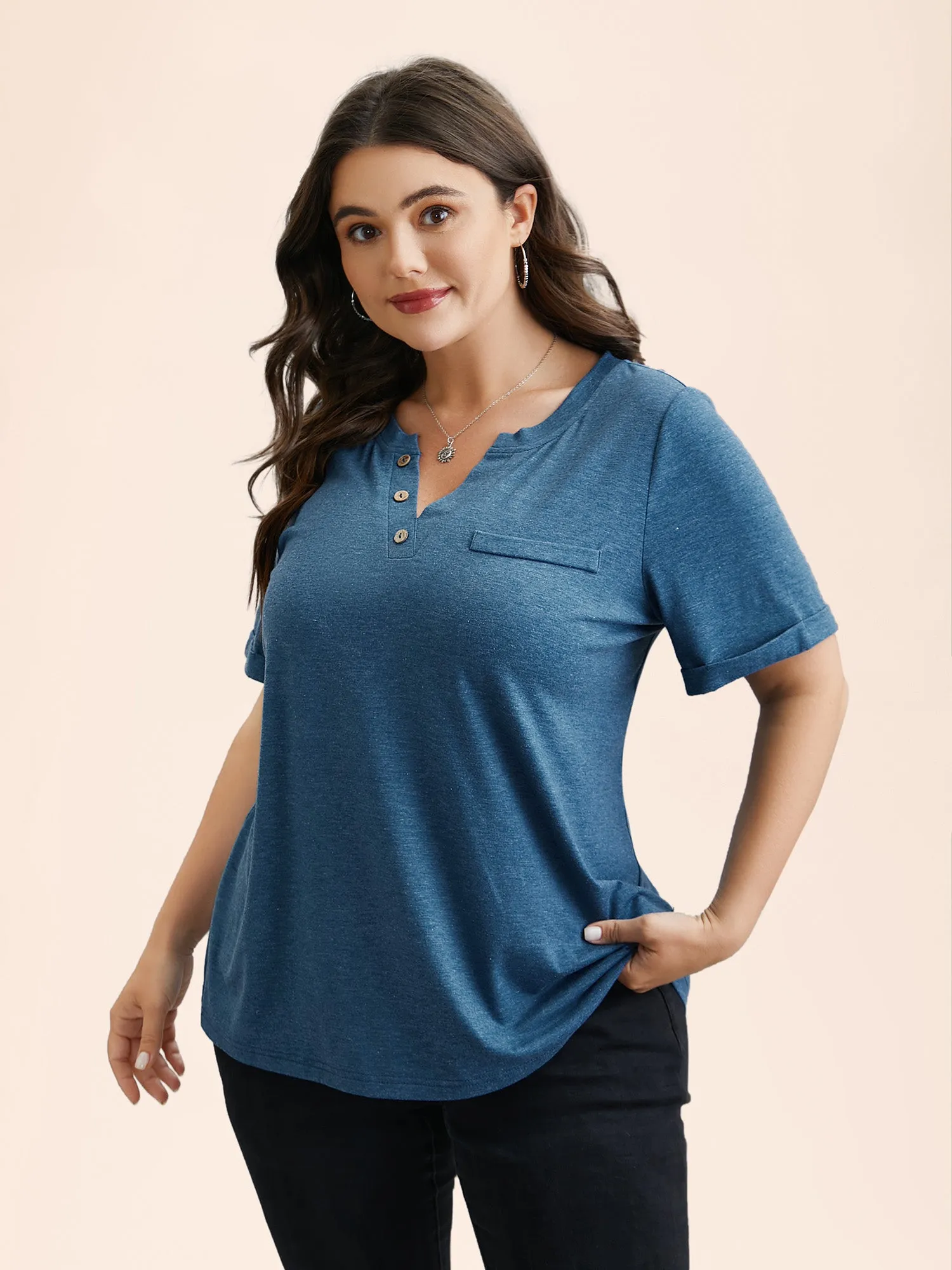 Button-Front Half Sleeve Fitted T-Shirt sold by Bloomchic product image thumbnail 2
