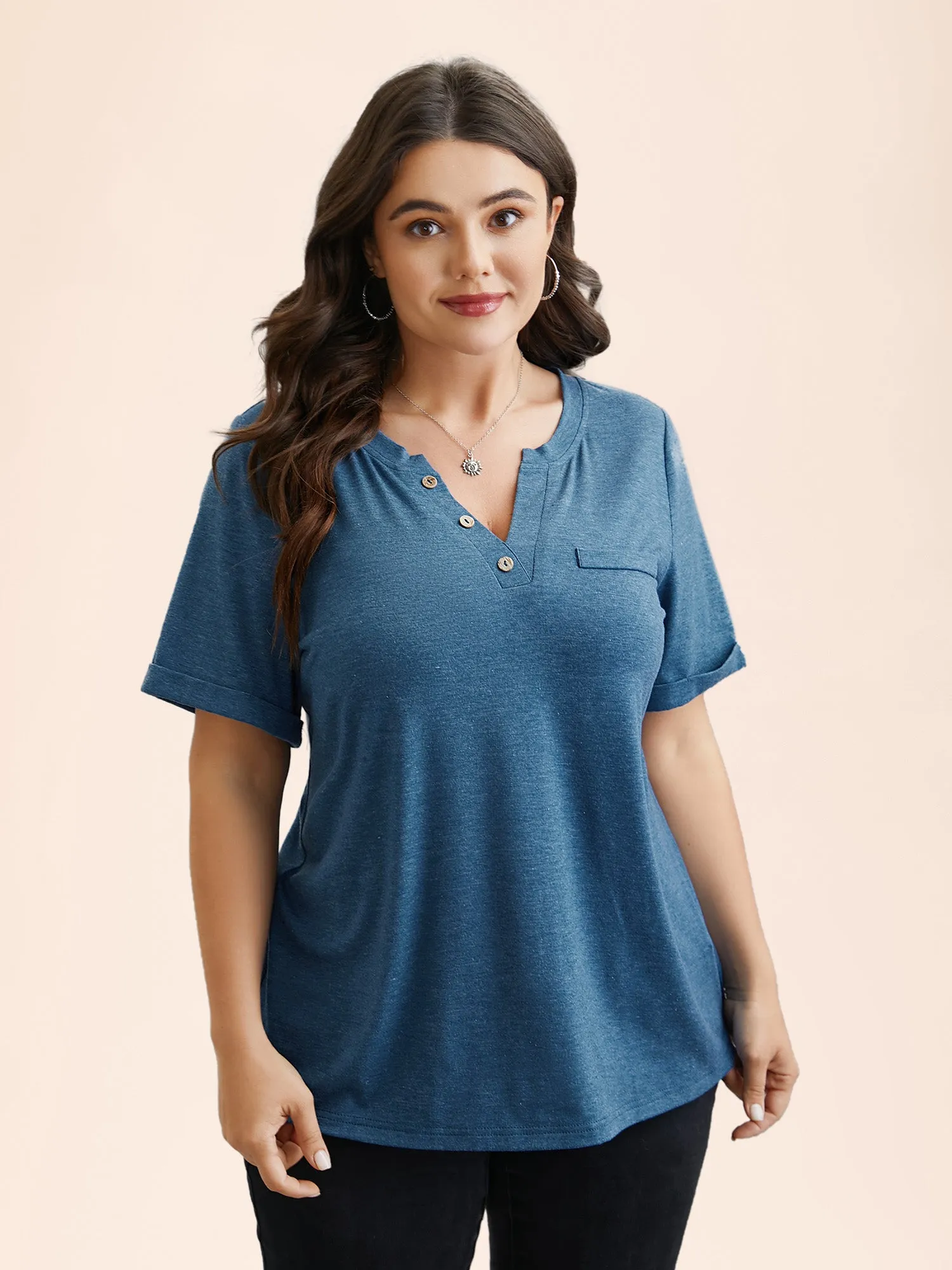 Button-Front Half Sleeve Fitted T-Shirt sold by Bloomchic