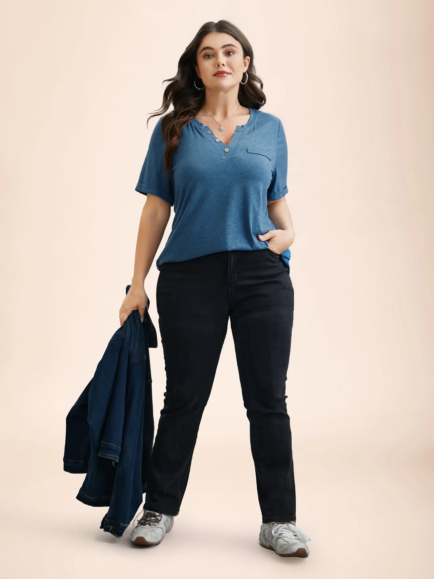 Button-Front Half Sleeve Fitted T-Shirt sold by Bloomchic product image thumbnail 3