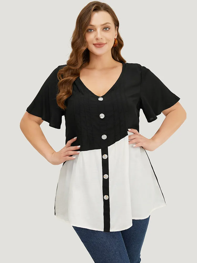 Colorblock Contrast Pleated Button Detail Ruffle Sleeve Blouse sold by Bloomchic product image thumbnail 3