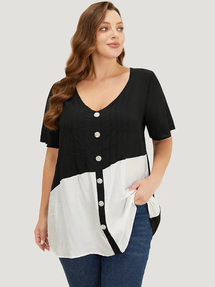 Colorblock Contrast Pleated Button Detail Ruffle Sleeve Blouse sold by Bloomchic