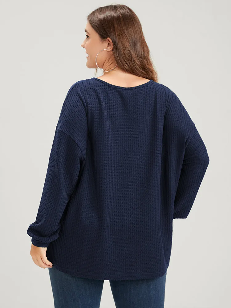Solid Fake Button Waffle Knit Drop Shoulder Sweatshirt sold by Bloomchic product image thumbnail 2