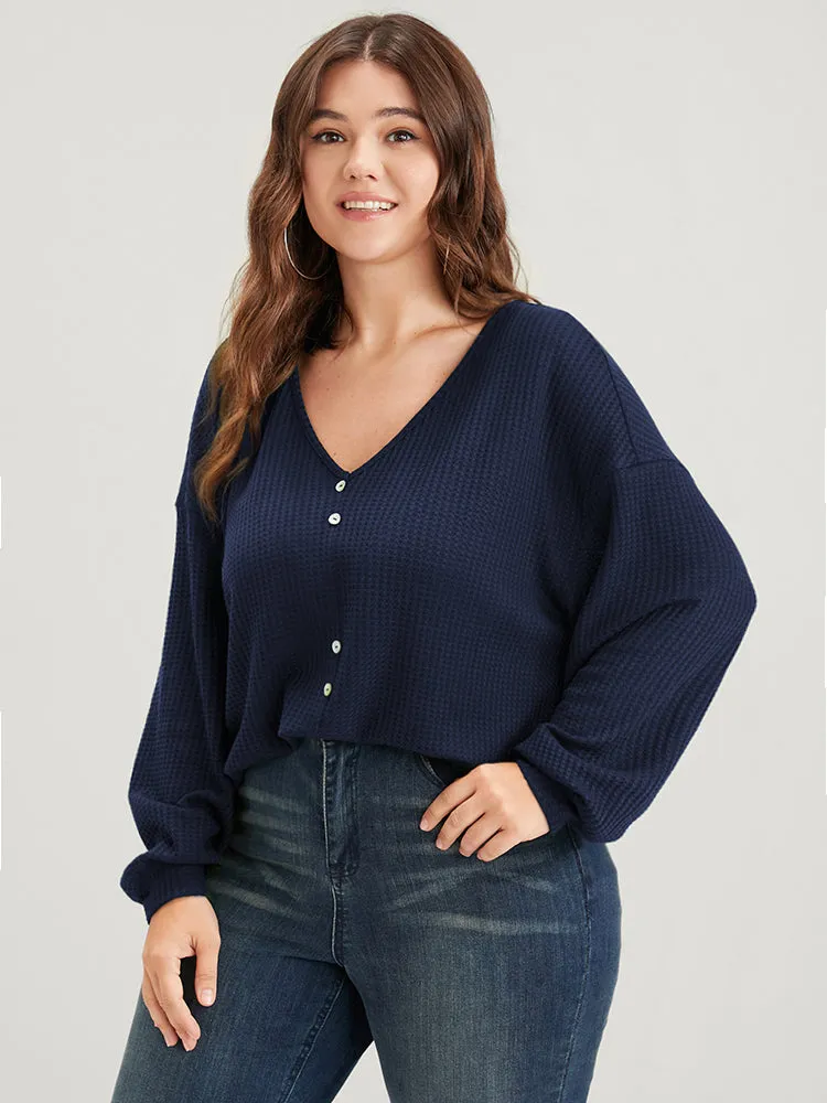 Solid Fake Button Waffle Knit Drop Shoulder Sweatshirt sold by Bloomchic product image thumbnail 4
