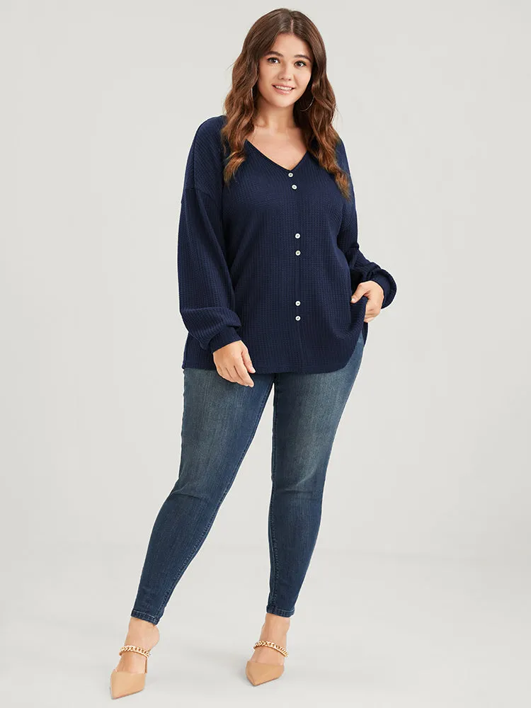 Solid Fake Button Waffle Knit Drop Shoulder Sweatshirt sold by Bloomchic product image thumbnail 3