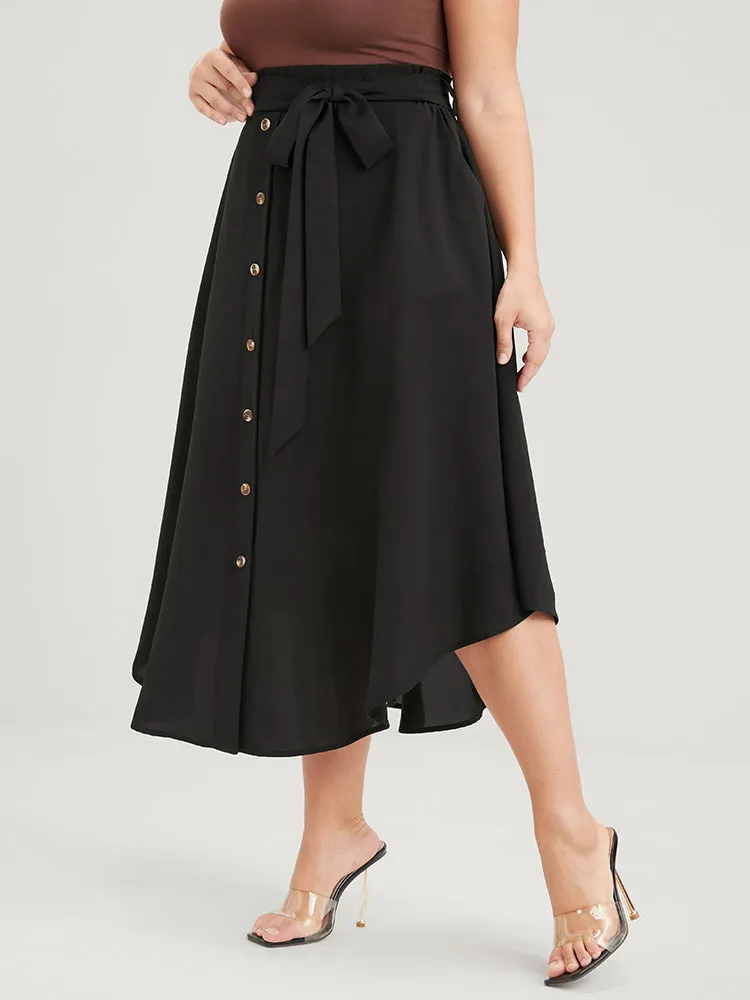 Solid Button Front Pocket Asymmetrical Hem Belted Skirt sold by Bloomchic product image thumbnail 4