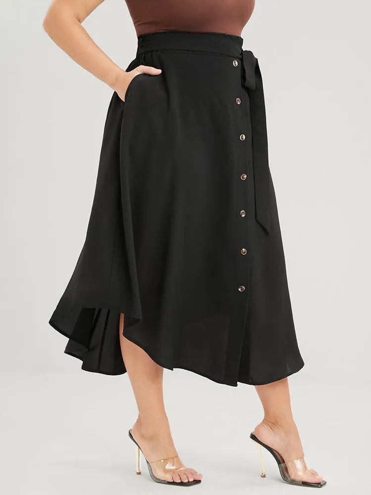 Solid Button Front Pocket Asymmetrical Hem Belted Skirt sold by Bloomchic product image thumbnail 5