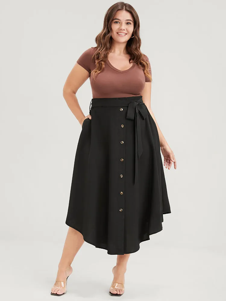 Solid Button Front Pocket Asymmetrical Hem Belted Skirt sold by Bloomchic product image thumbnail 3