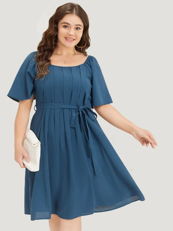 Plain Pocket Belted Pleated Raglan Sleeve Dress sold by Bloomchic