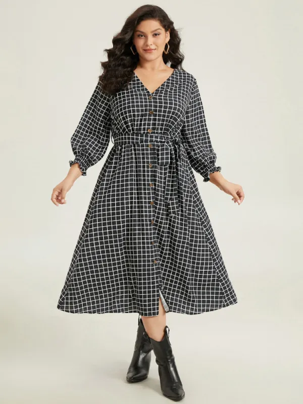 Gingham Button Detail Pocket Lantern Sleeve Dress sold by Bloomchic