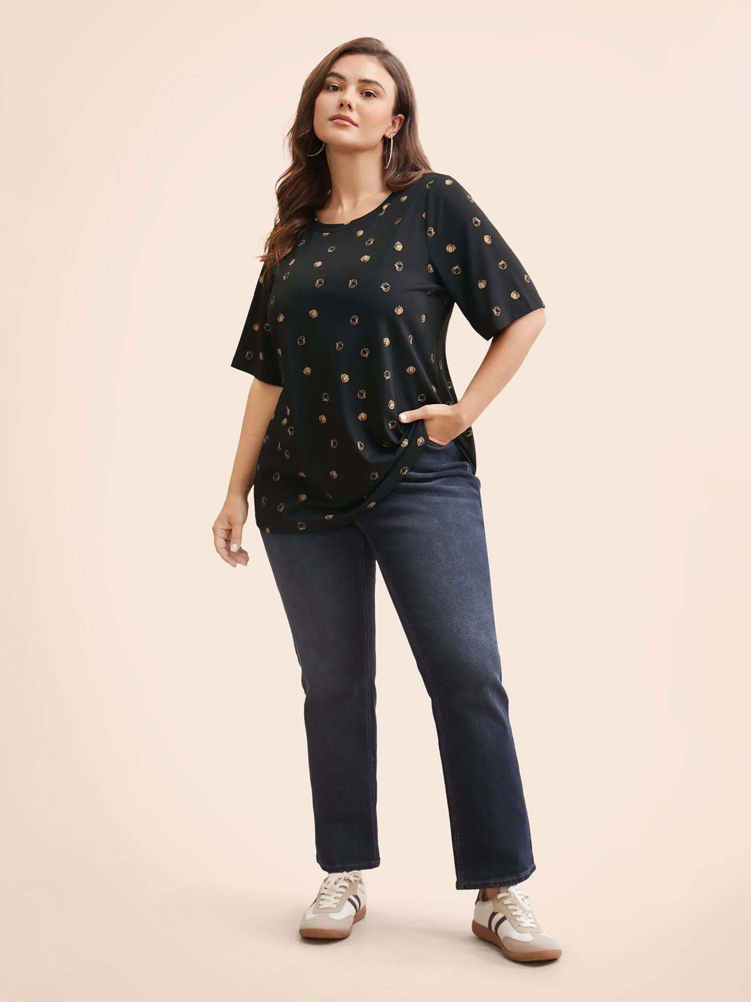 Halloween Pumpkin Print Crew Neck T-shirt sold by Bloomchic product image thumbnail 2