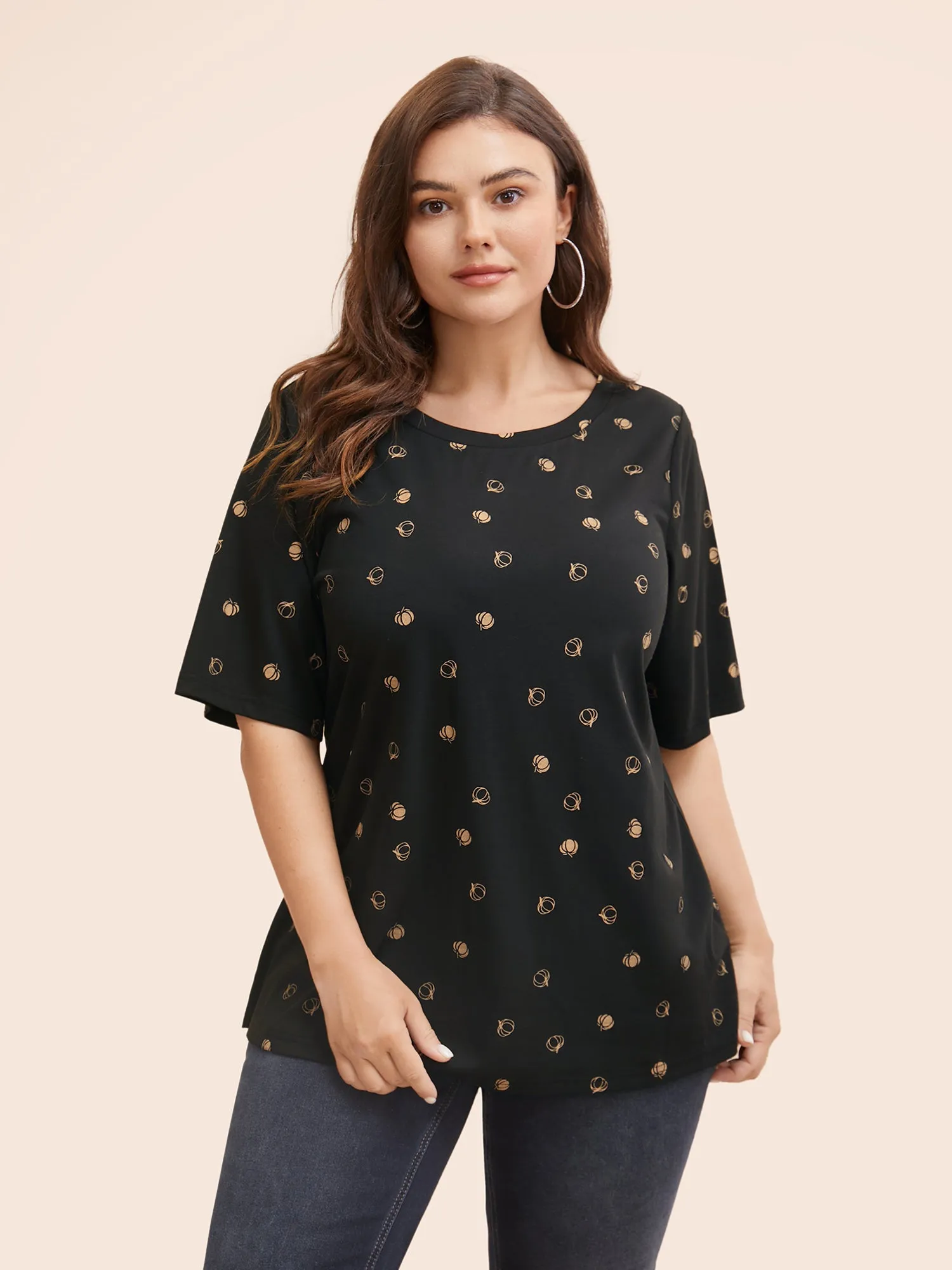 Halloween Pumpkin Print Crew Neck T-shirt sold by Bloomchic