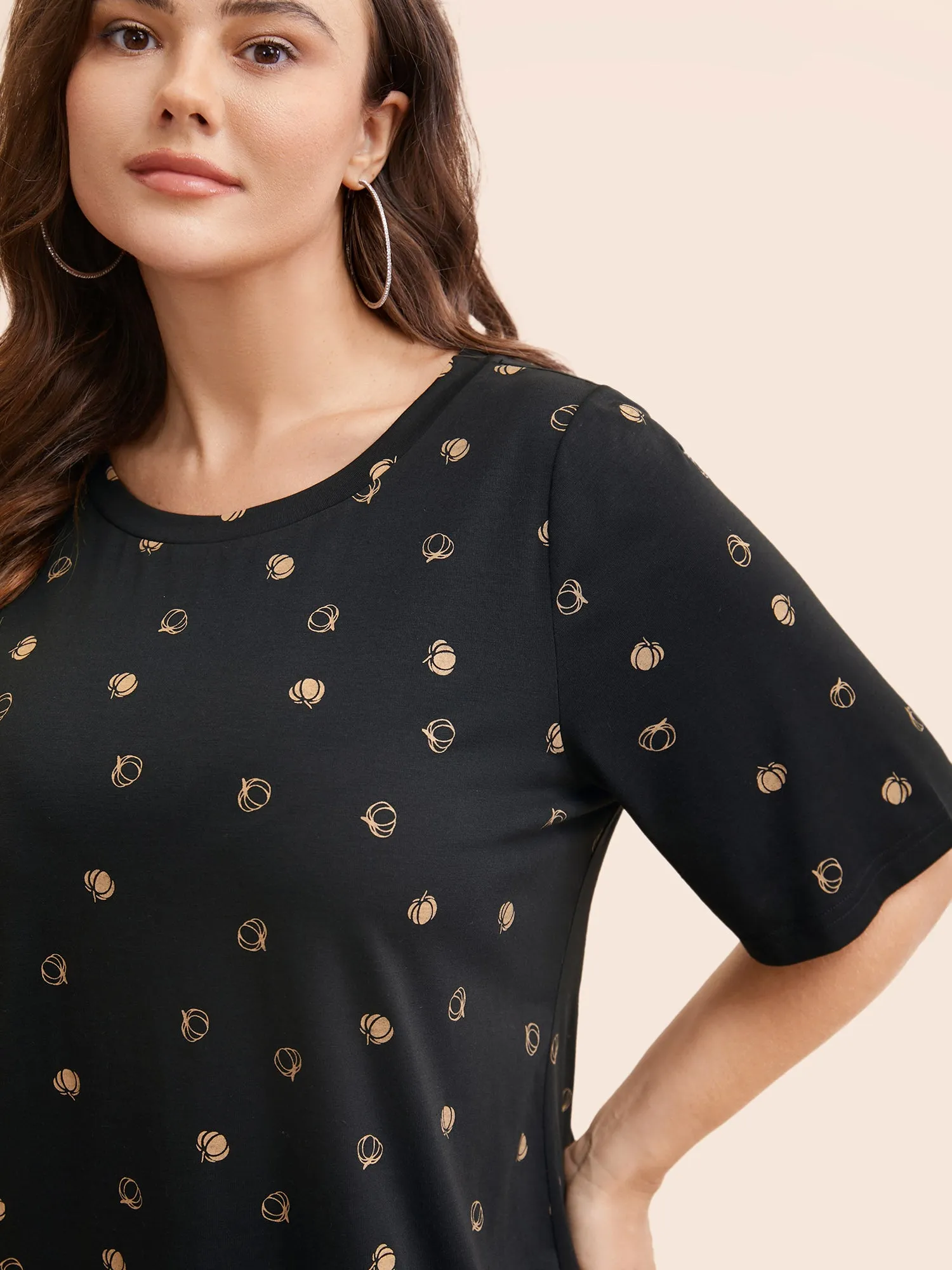 Halloween Pumpkin Print Crew Neck T-shirt sold by Bloomchic product image thumbnail 3