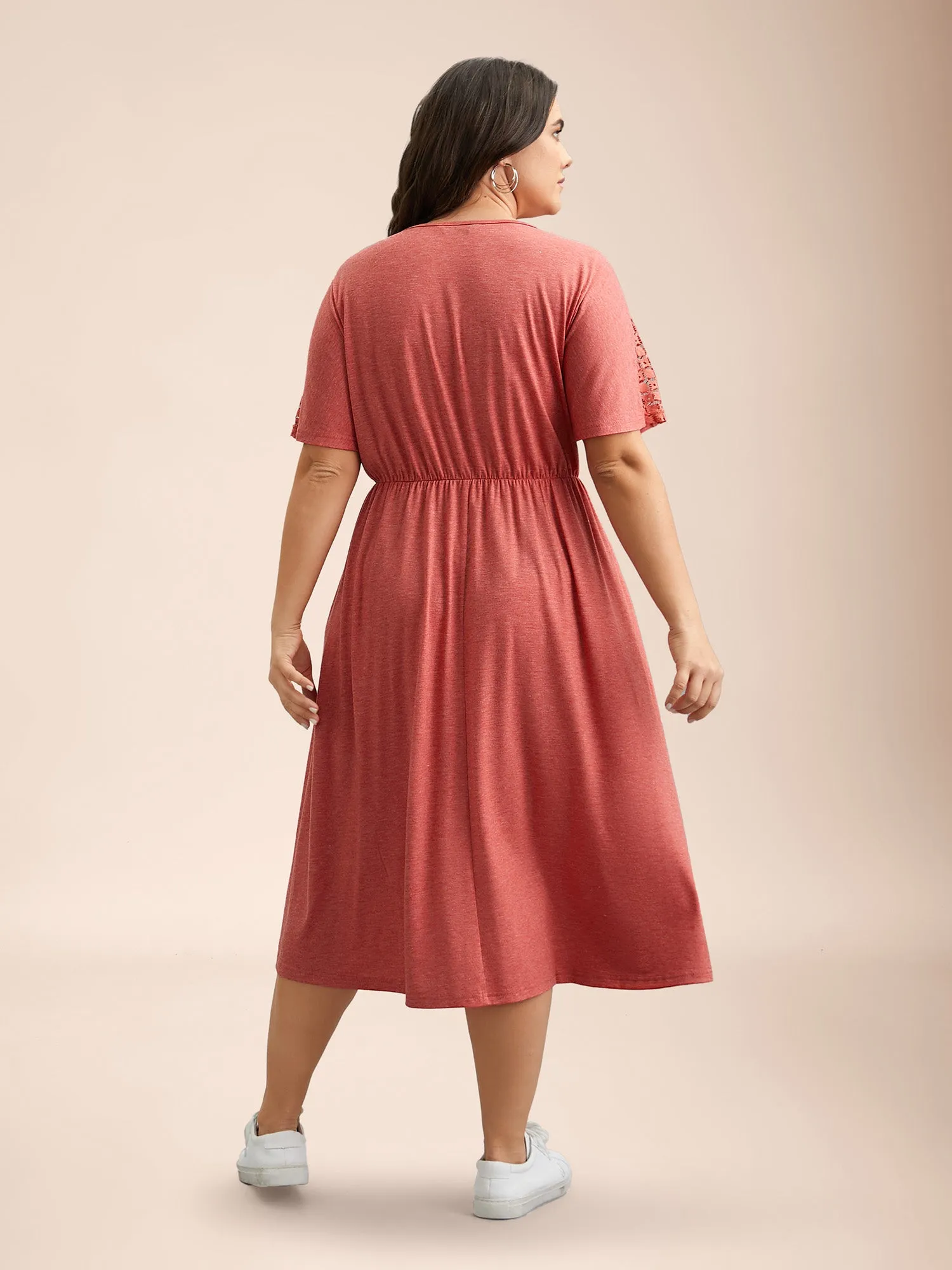 V-Neck Sheer Lace Pockets Midi Dress sold by Bloomchic product image thumbnail 4