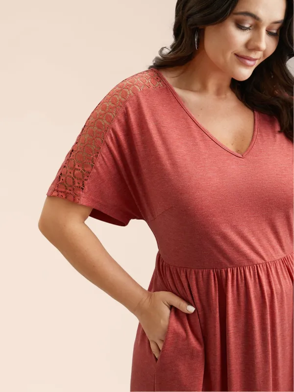 V-Neck Sheer Lace Pockets Midi Dress sold by Bloomchic