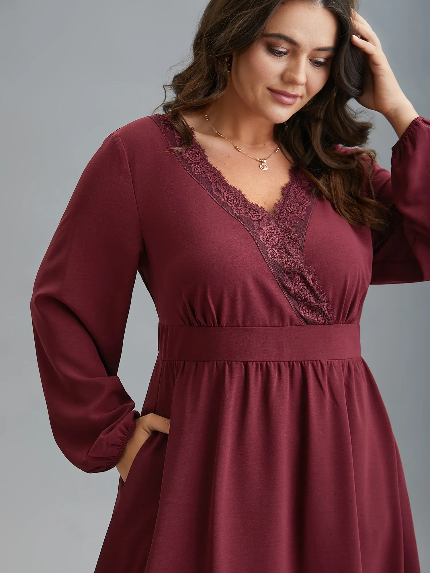 Lace Detail Surplice Neckline Midi Dress sold by Bloomchic