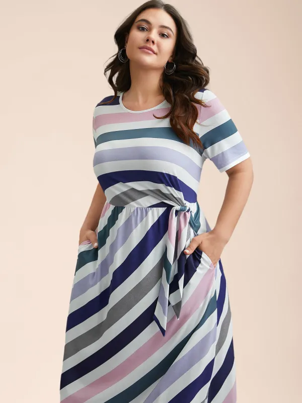 Striped Waist-Tie Half Sleeve Midi Dress sold by Bloomchic