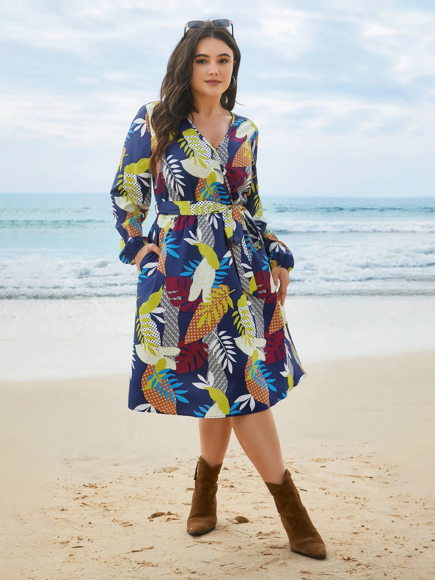 Surplice Neck Tropical Leaf Pockets Midi Dress sold by Bloomchic