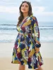 Surplice Neck Tropical Leaf Pockets Midi Dress sold by Bloomchic