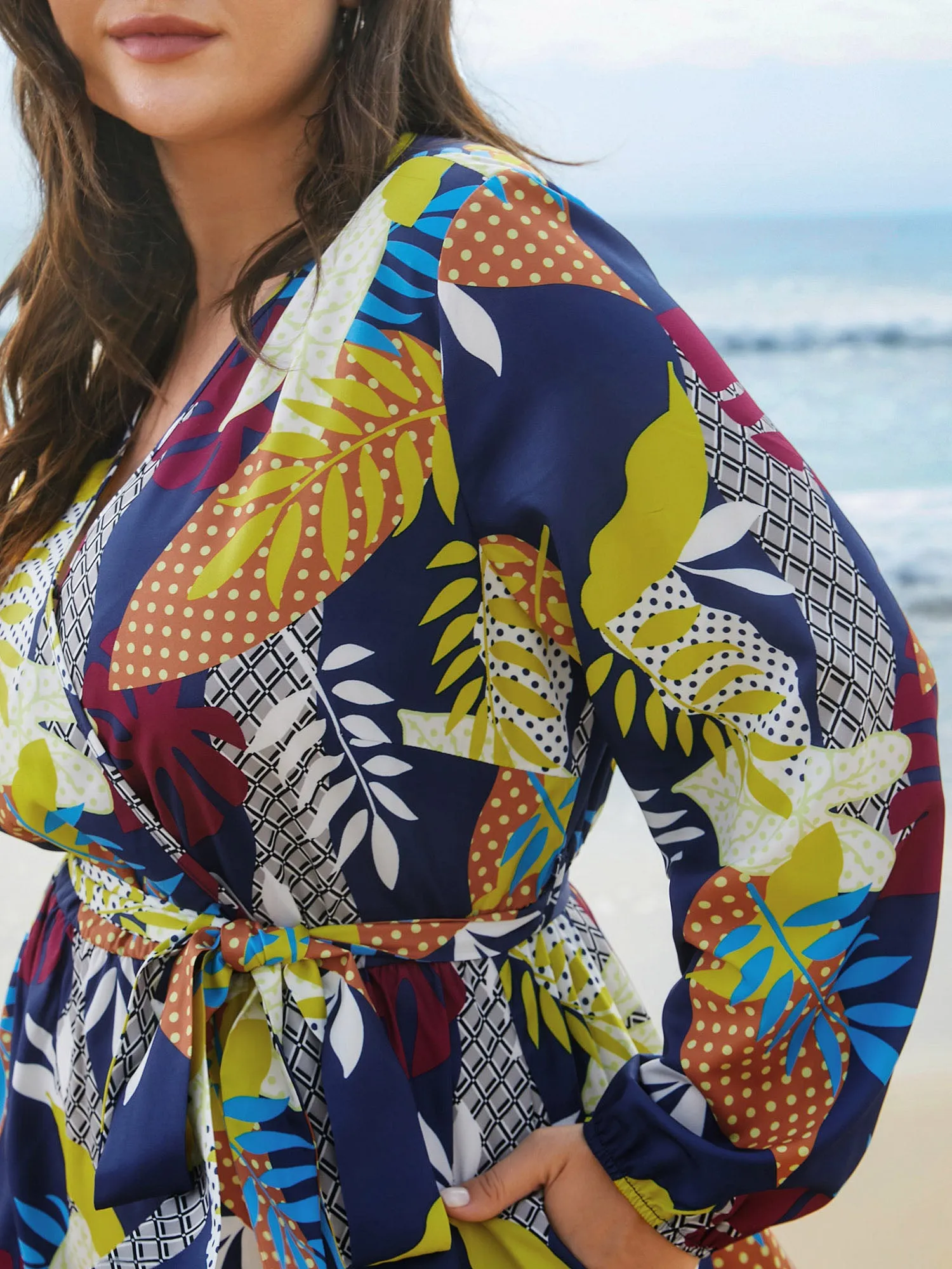 Surplice Neck Tropical Leaf Pockets Midi Dress sold by Bloomchic product image thumbnail 2