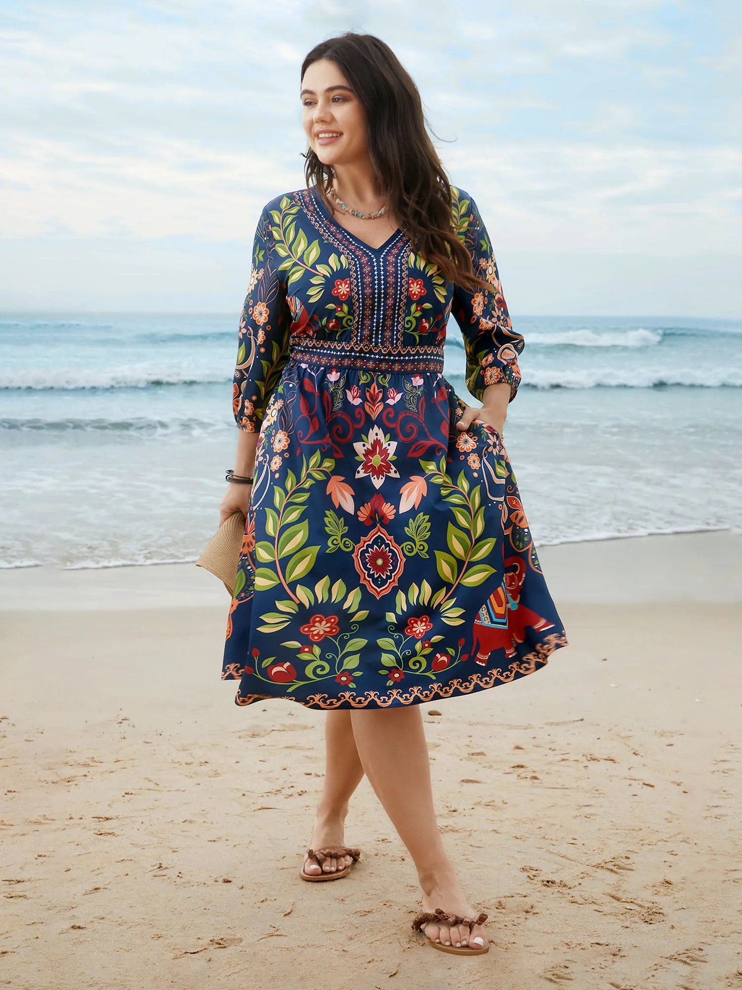 Boho Print V-Neck Pockets Midi Dress sold by Bloomchic product image thumbnail 3