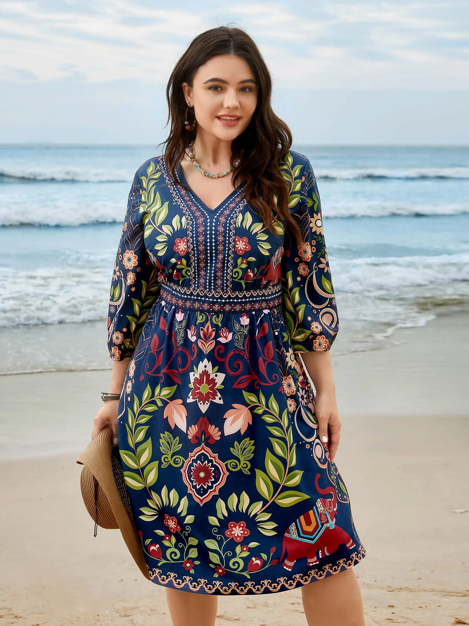 Boho Print V-Neck Pockets Midi Dress sold by Bloomchic