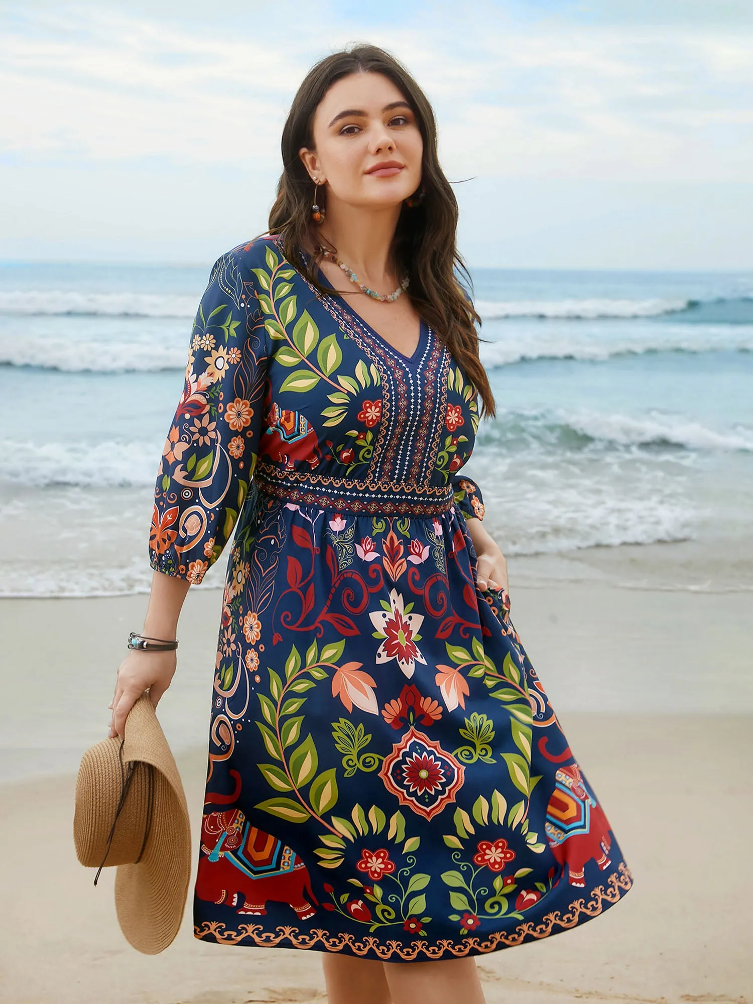Boho Print V-Neck Pockets Midi Dress sold by Bloomchic product image thumbnail 4