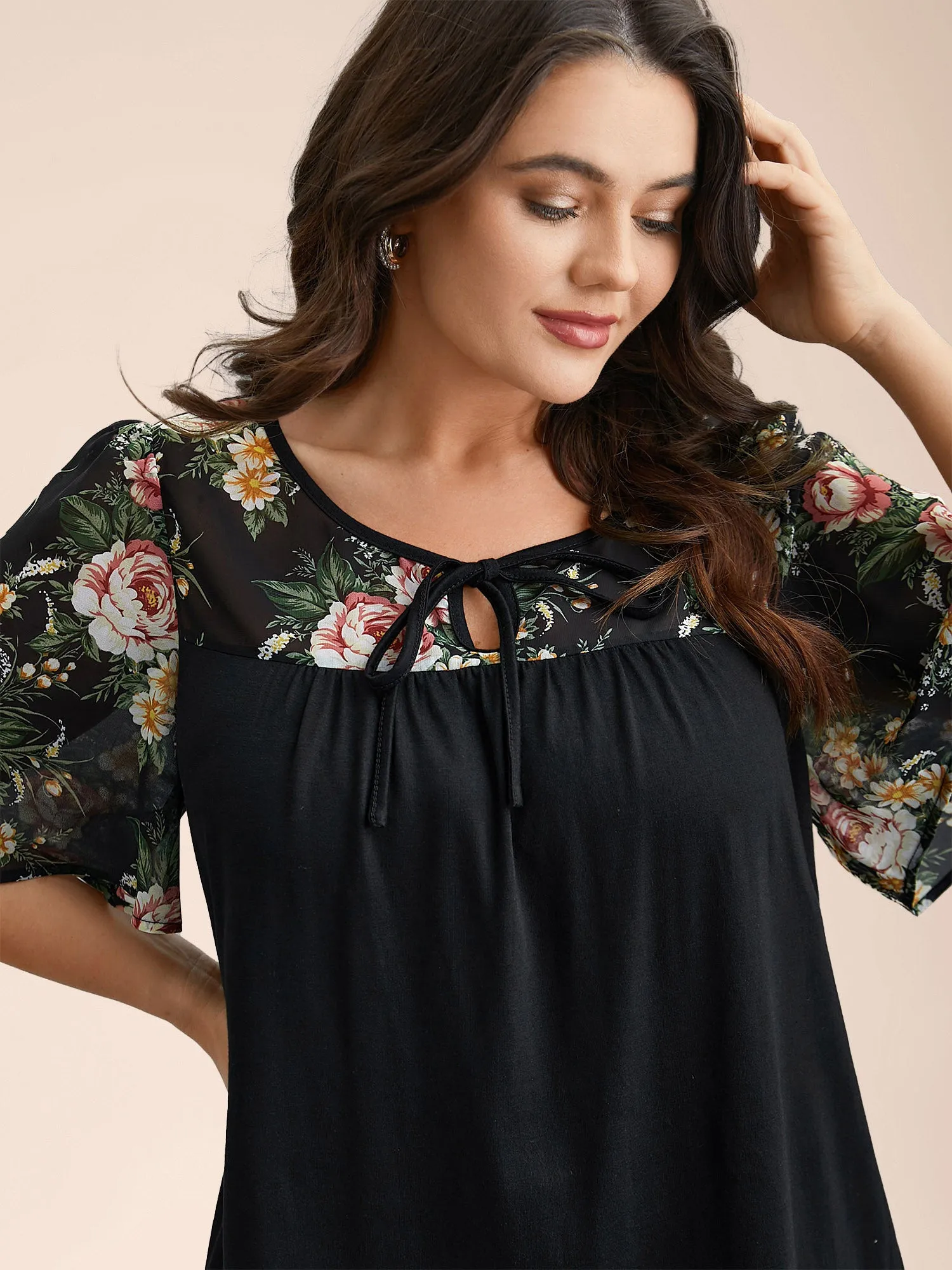 Floral Print Spliced Neck-Tie T-Shirt sold by Bloomchic product image thumbnail 2