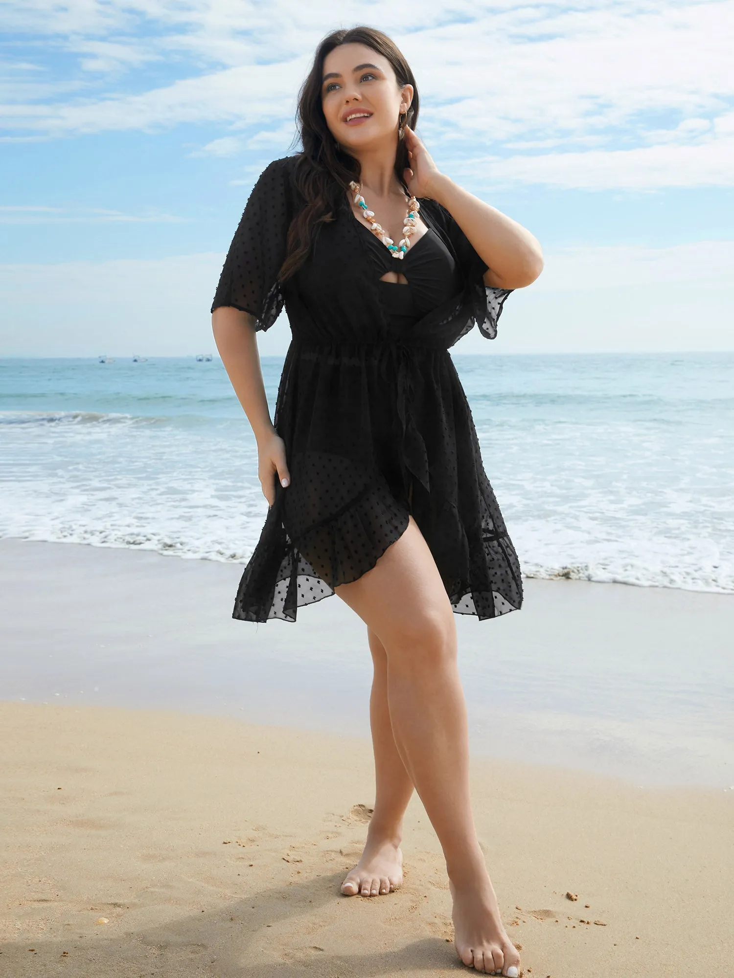 Textured Dots Sheer Waist-Tie Kimono sold by Bloomchic product image thumbnail 2