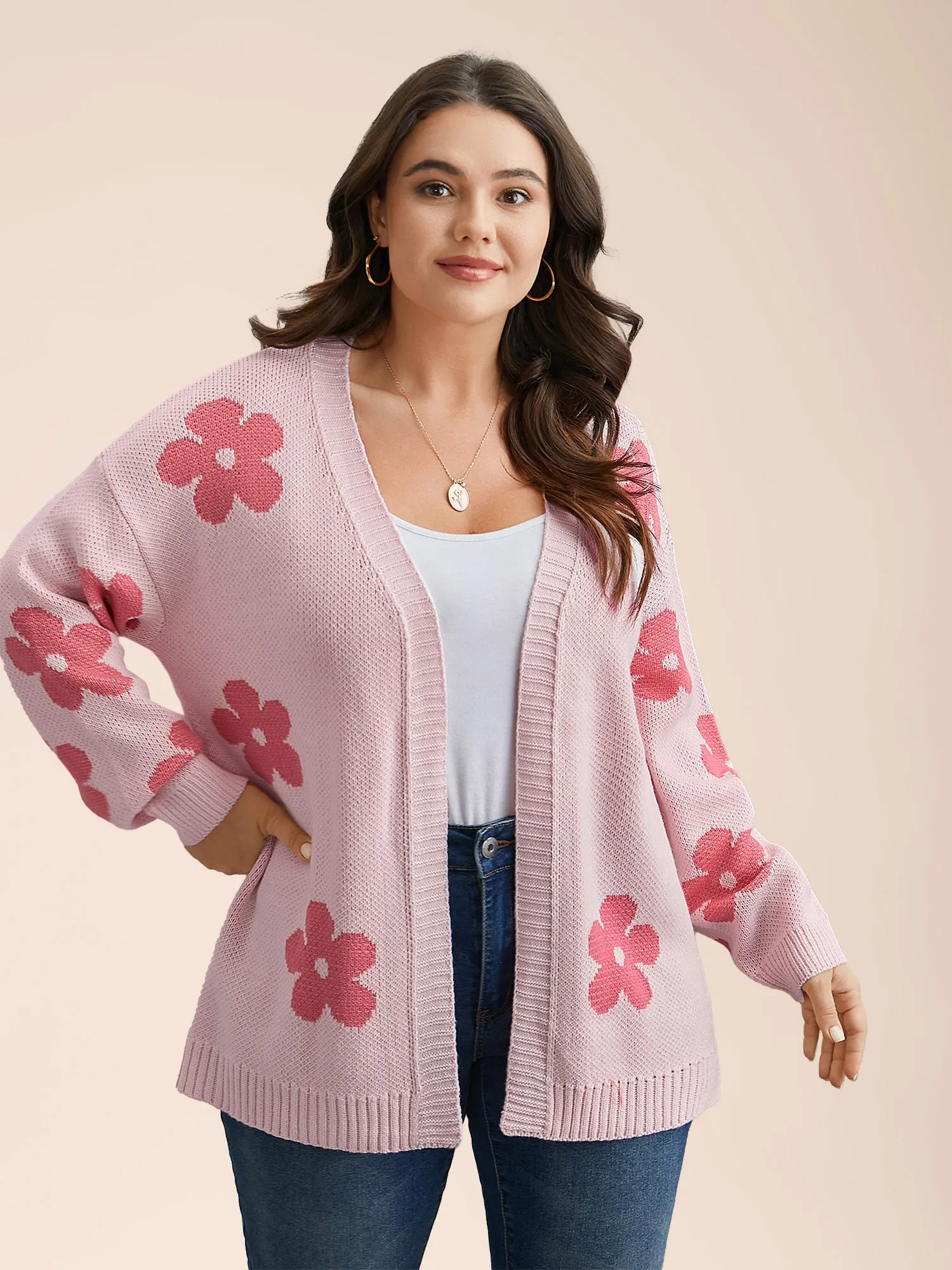 Floral Jacquard Ribbed Hem Knit Cardigan sold by Bloomchic