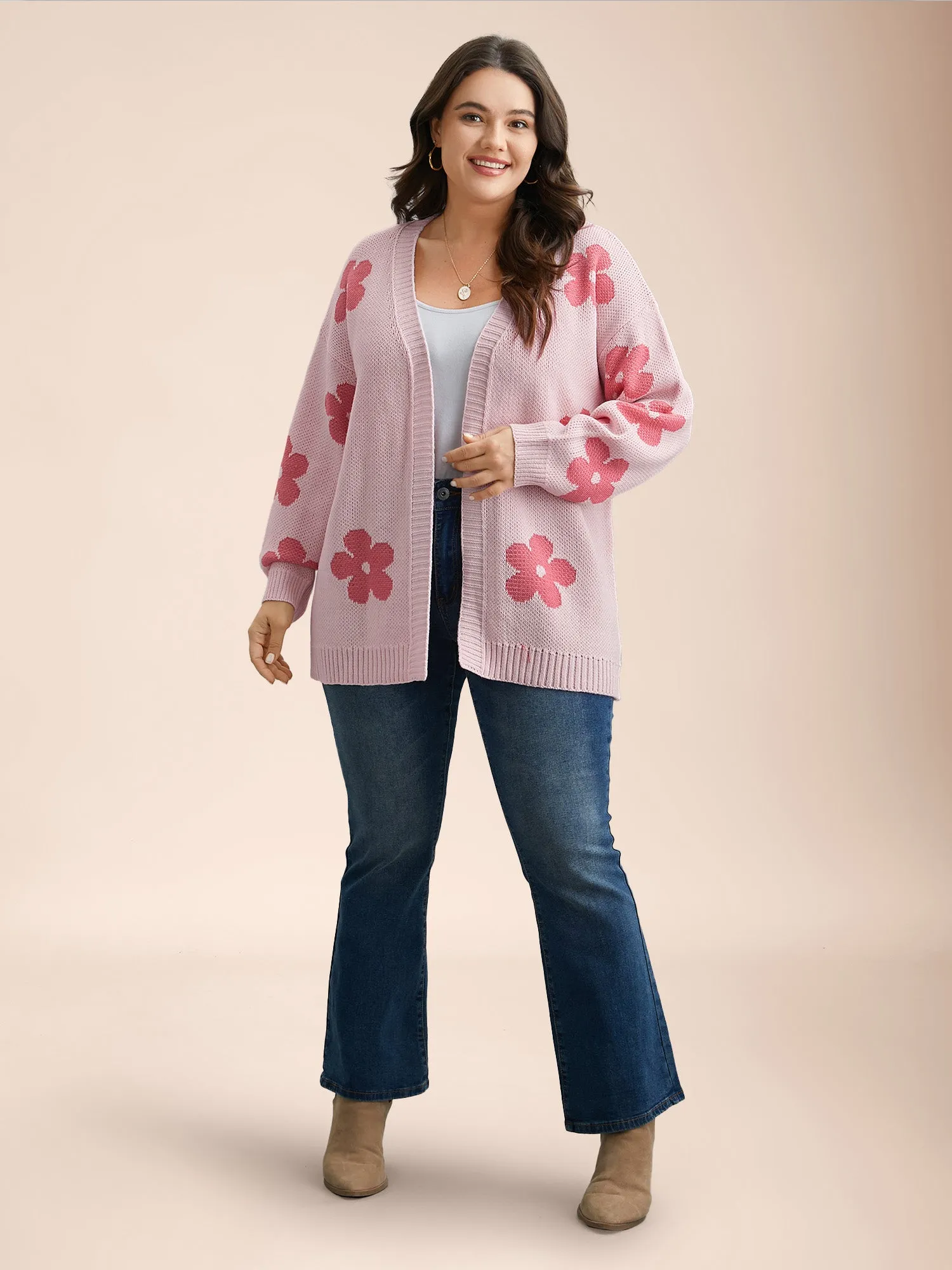 Floral Jacquard Ribbed Hem Knit Cardigan sold by Bloomchic product image thumbnail 3