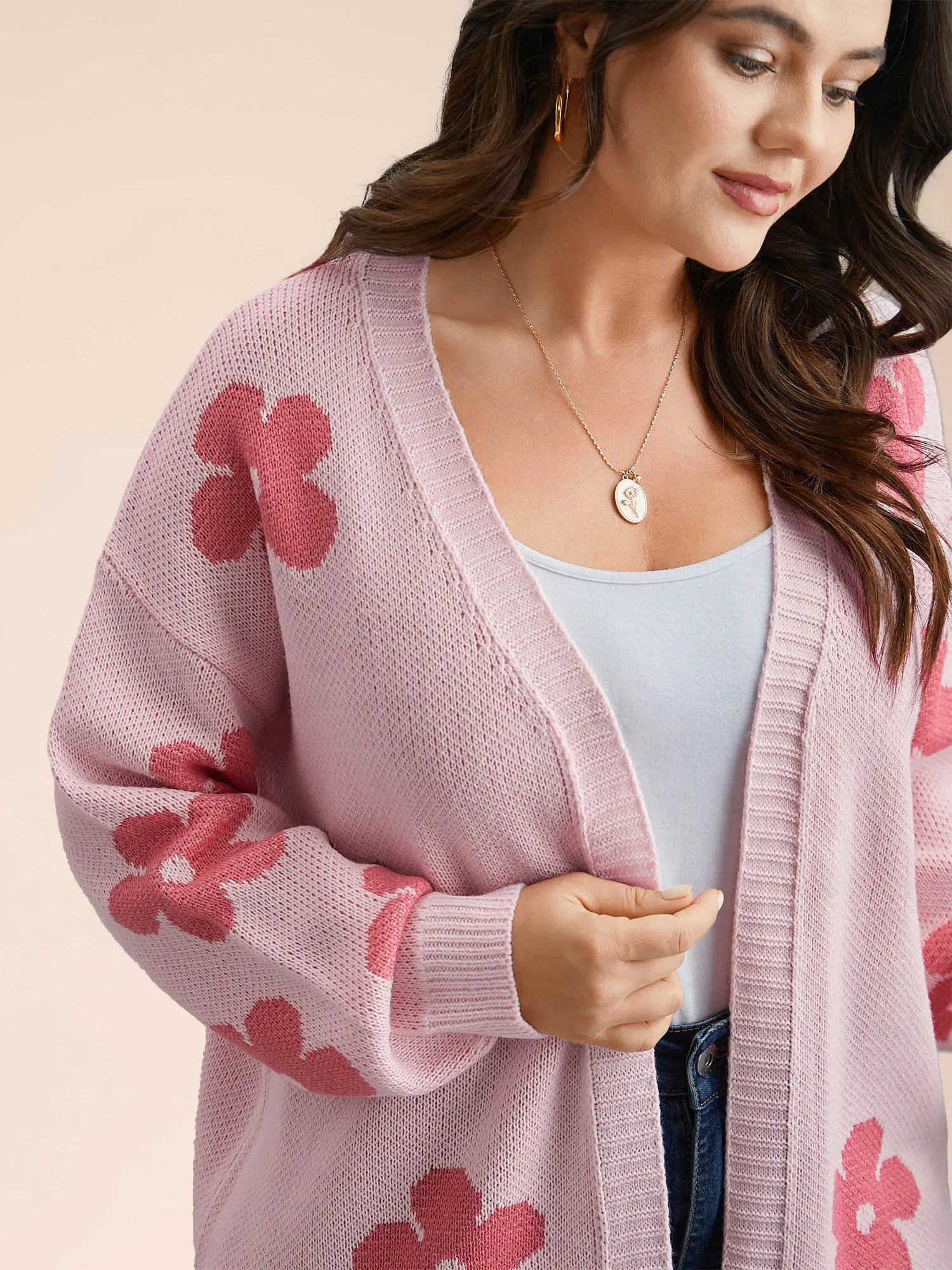 Floral Jacquard Ribbed Hem Knit Cardigan sold by Bloomchic product image thumbnail 4