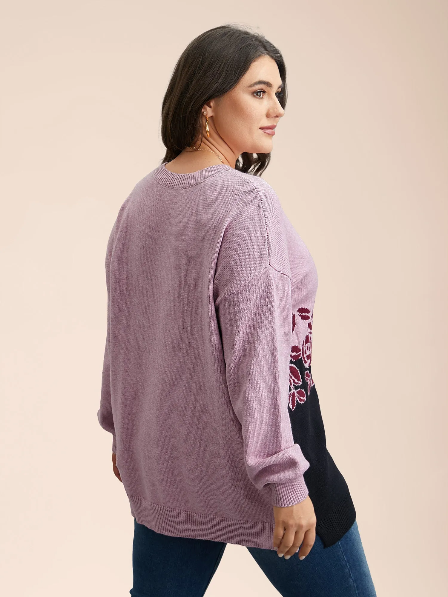 Jacquard Floral Pattern Contrast Drop-Shoulder Pullover sold by Bloomchic product image thumbnail 2