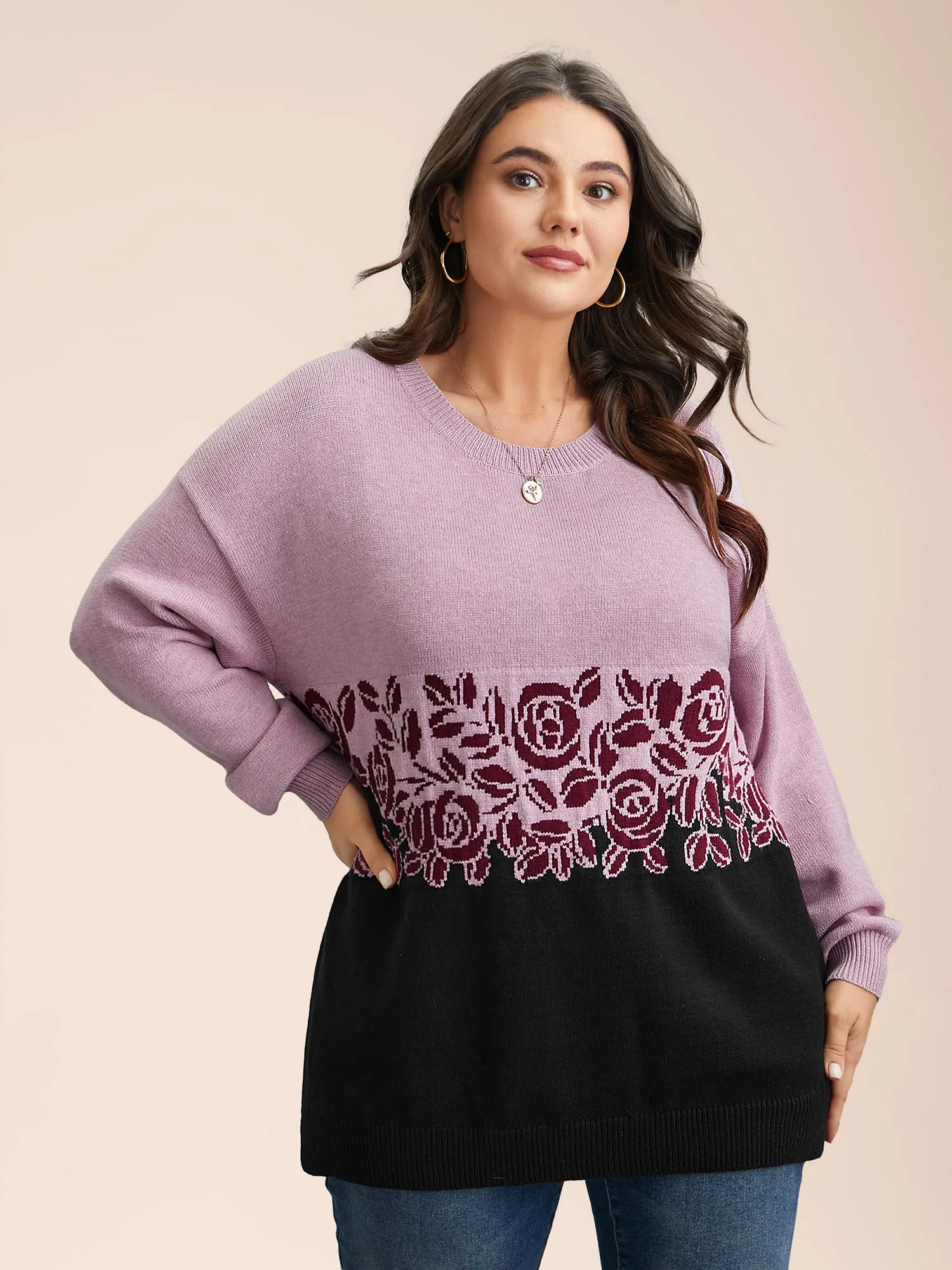 Jacquard Floral Pattern Contrast Drop-Shoulder Pullover sold by Bloomchic