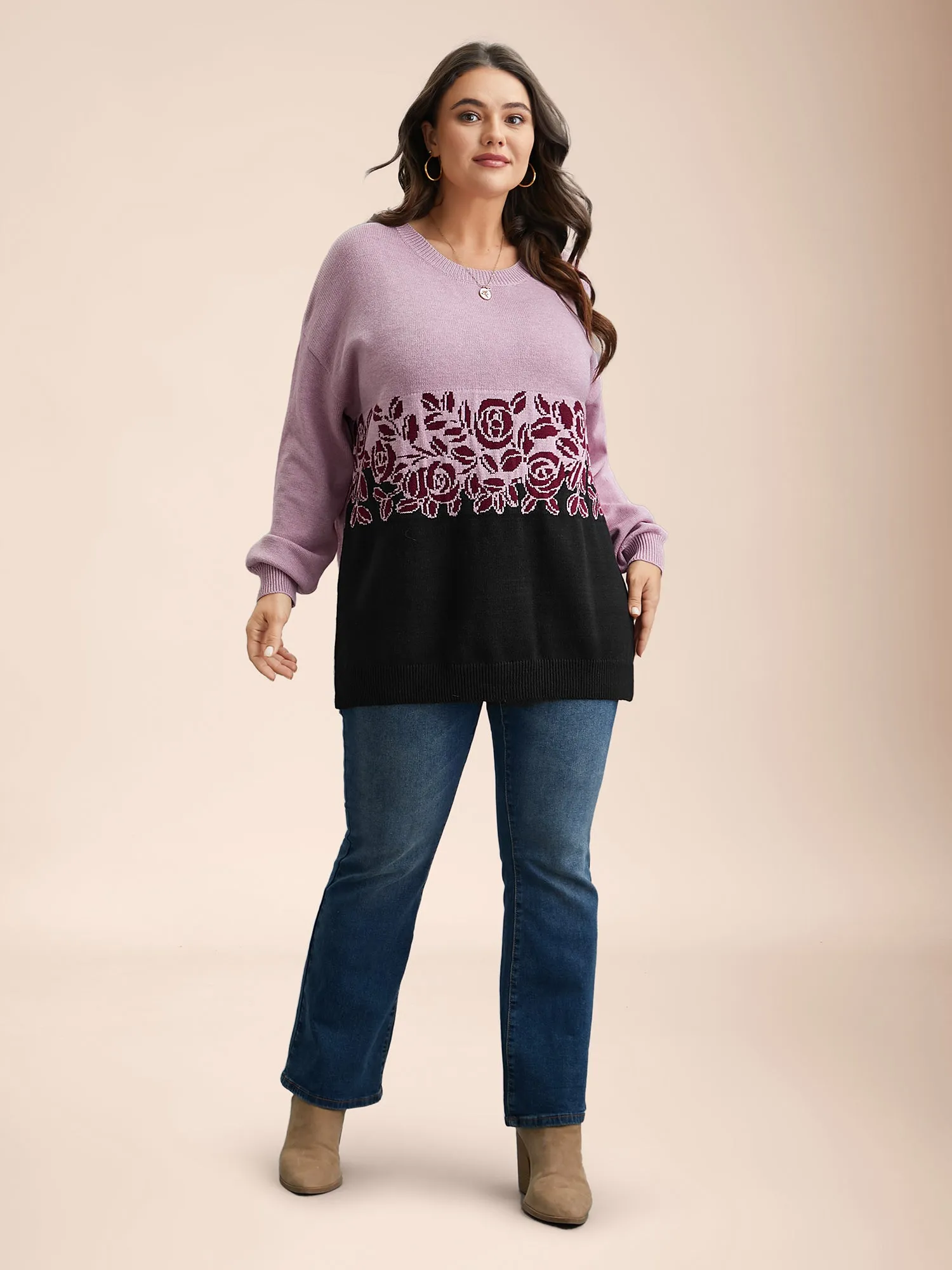 Jacquard Floral Pattern Contrast Drop-Shoulder Pullover sold by Bloomchic product image thumbnail 3