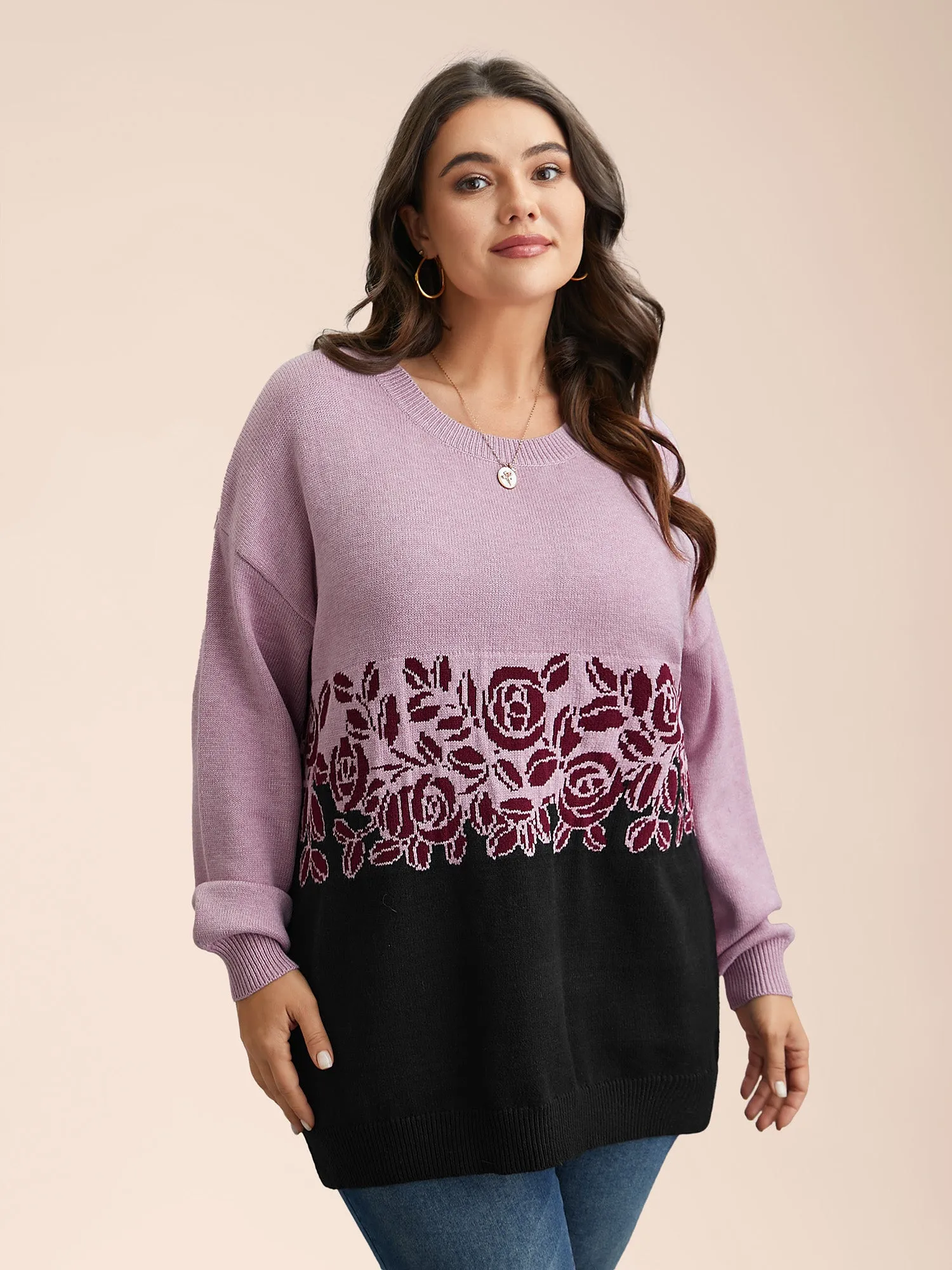 Jacquard Floral Pattern Contrast Drop-Shoulder Pullover sold by Bloomchic product image thumbnail 4