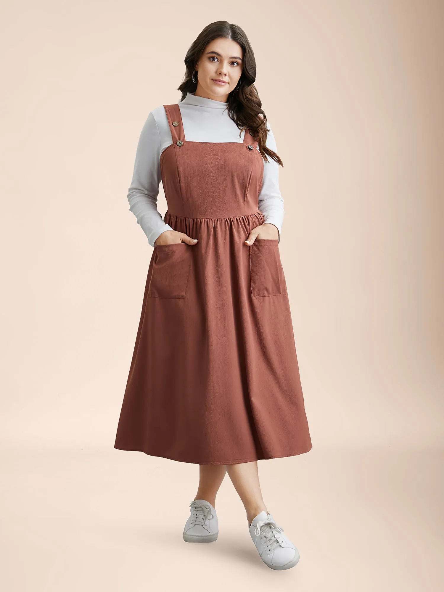 Overall Straps Stretchy-Waist Pockets Midi Dress sold by Bloomchic product image thumbnail 4