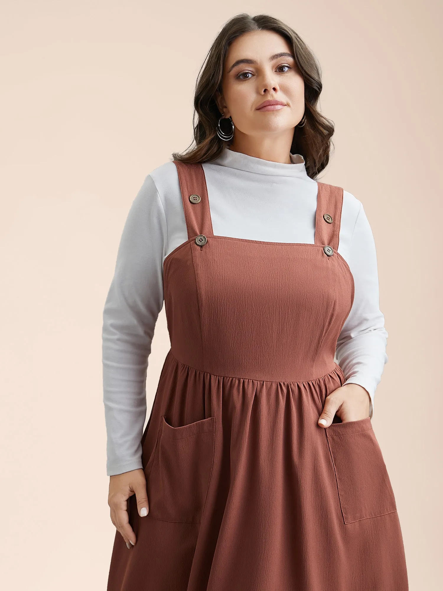 Overall Straps Stretchy-Waist Pockets Midi Dress sold by Bloomchic product image thumbnail 2