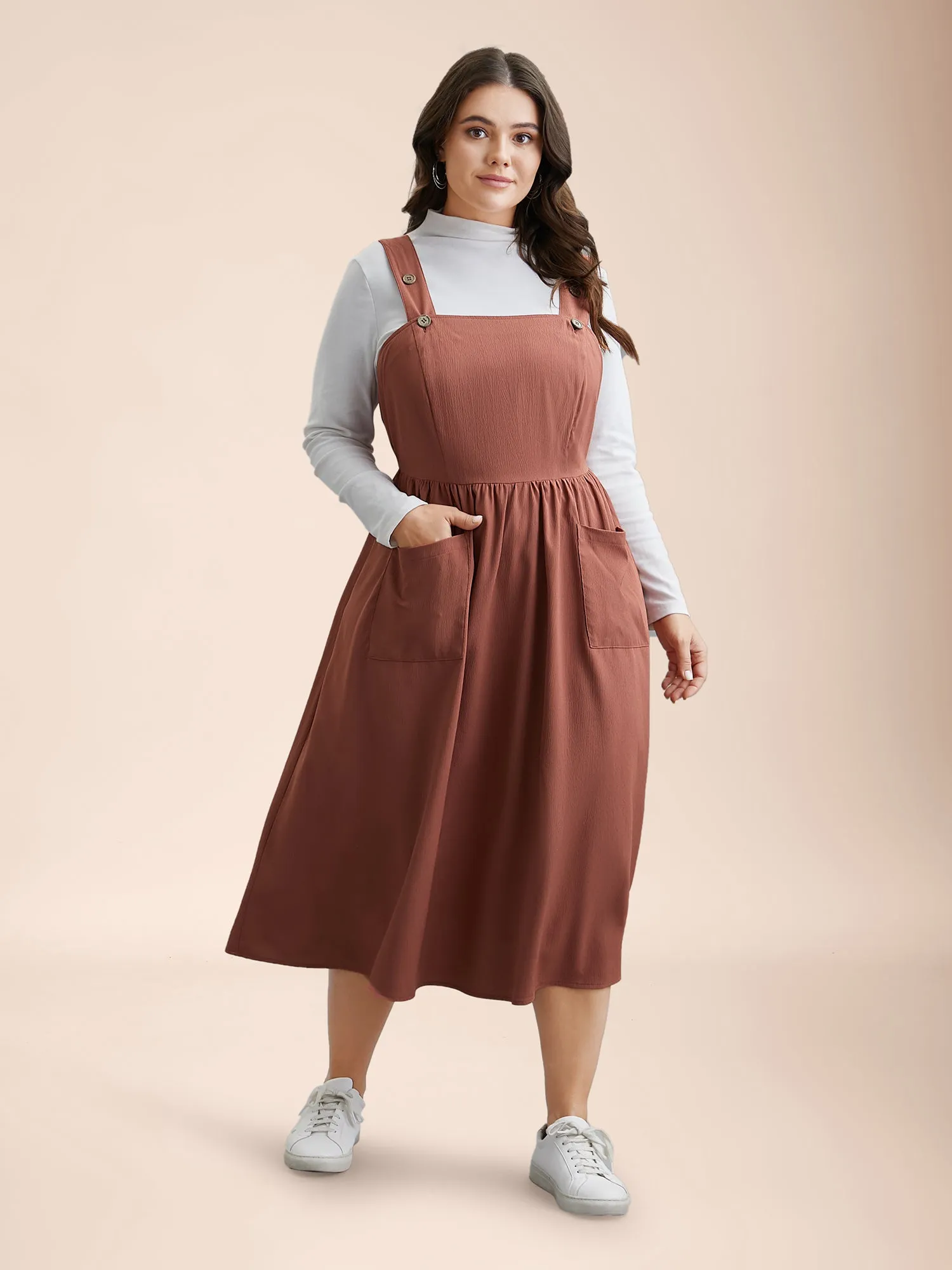 Overall Straps Stretchy-Waist Pockets Midi Dress sold by Bloomchic product image thumbnail 3