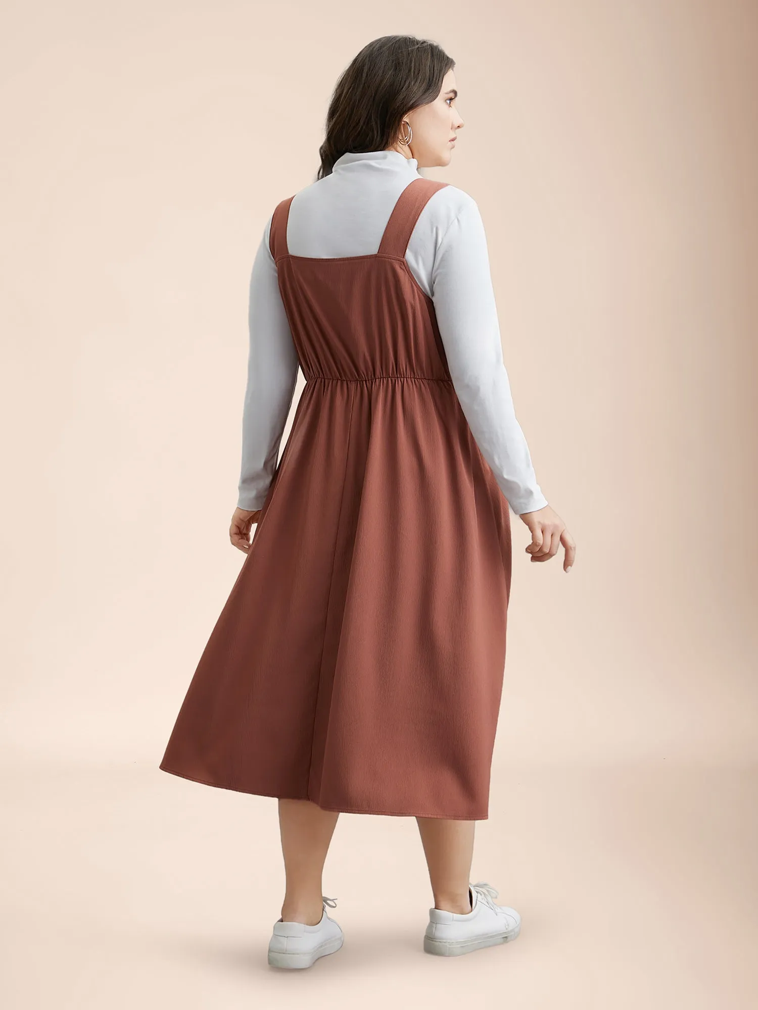 Overall Straps Stretchy-Waist Pockets Midi Dress sold by Bloomchic product image thumbnail 5
