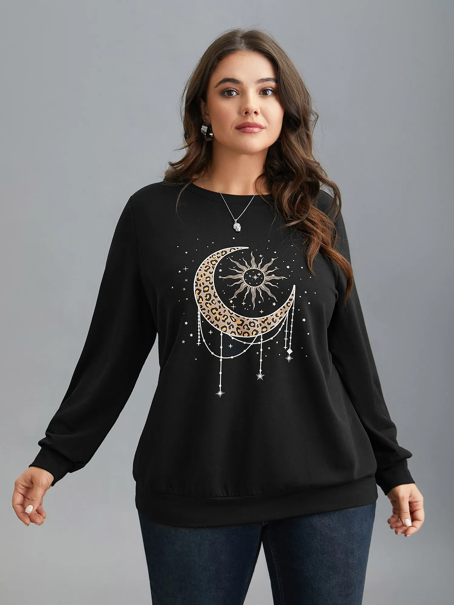 Crew Neck Celestial Print Stretch Sweatshirt sold by Bloomchic product image thumbnail 3