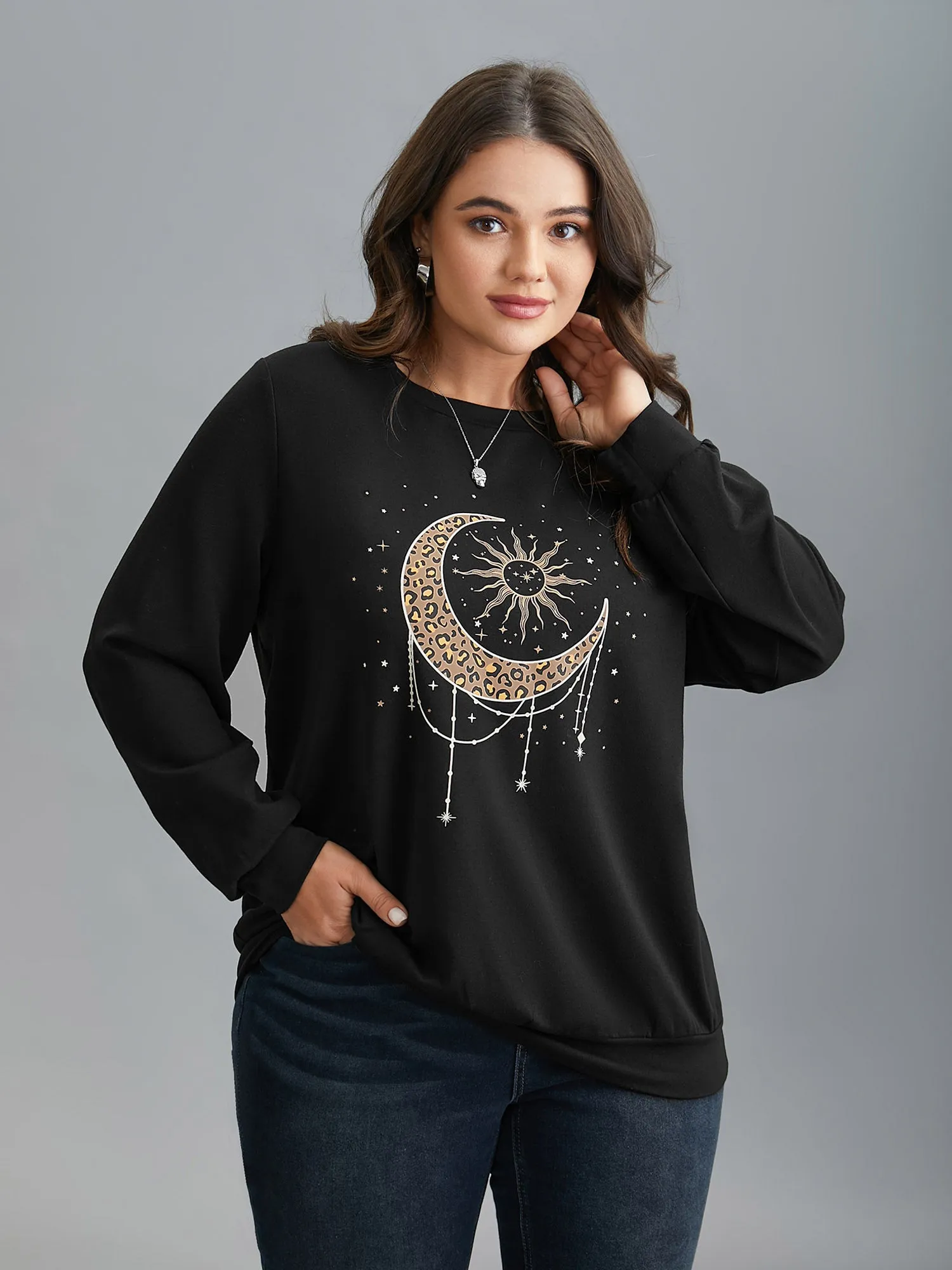 Crew Neck Celestial Print Stretch Sweatshirt sold by Bloomchic product image thumbnail 2