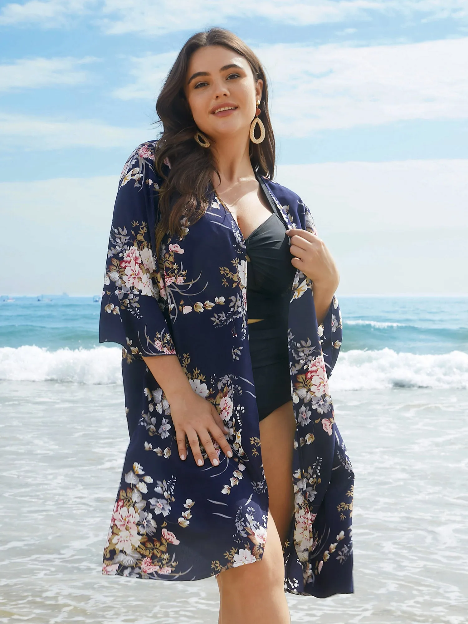 Floral Print Lotus Leaf Sleeve Open-Front Kimono sold by Bloomchic