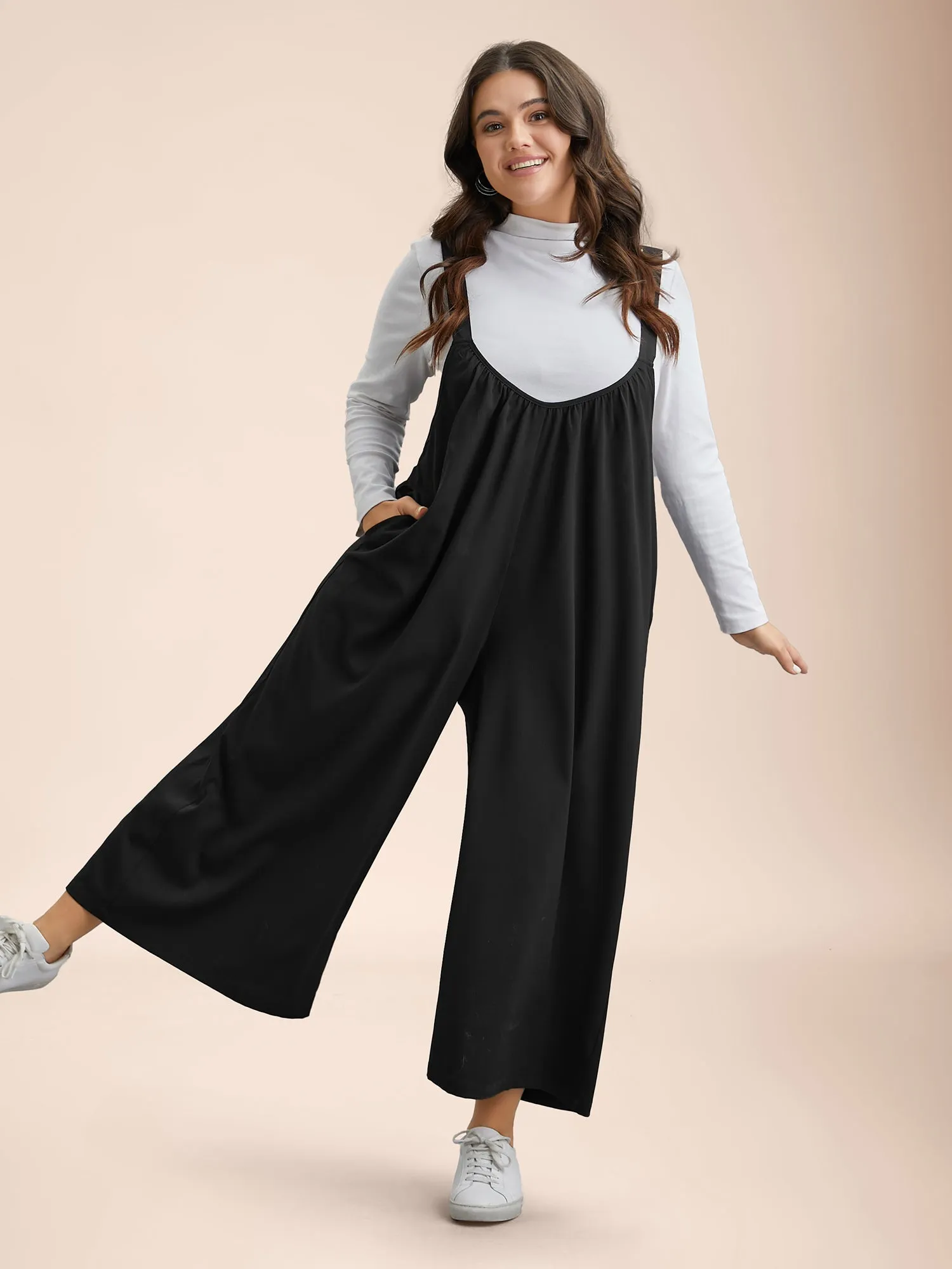 Adjustable Straps Pockets Plain Flared Jumpsuit sold by Bloomchic product image thumbnail 4