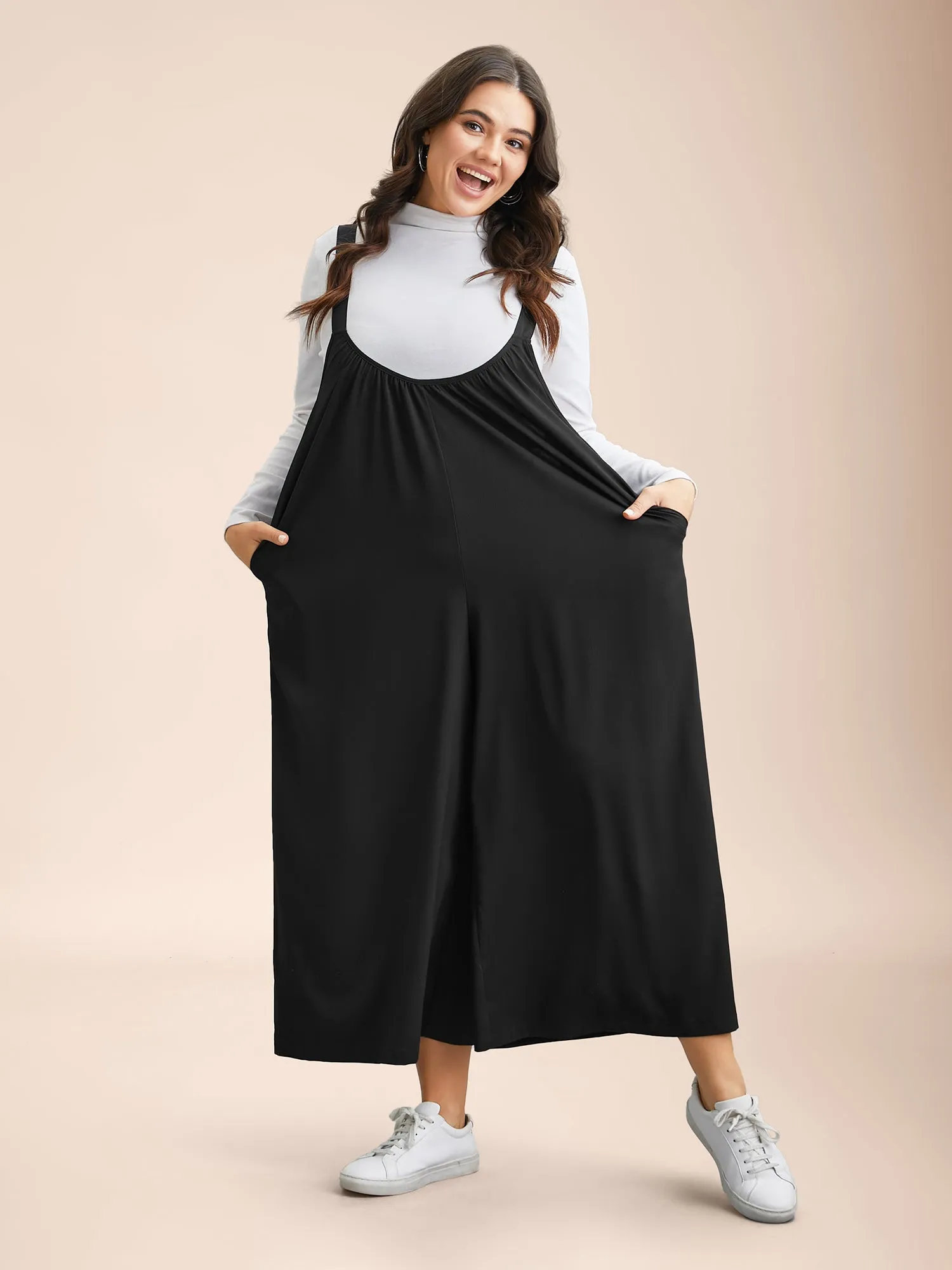 Adjustable Straps Pockets Plain Flared Jumpsuit sold by Bloomchic product image thumbnail 2