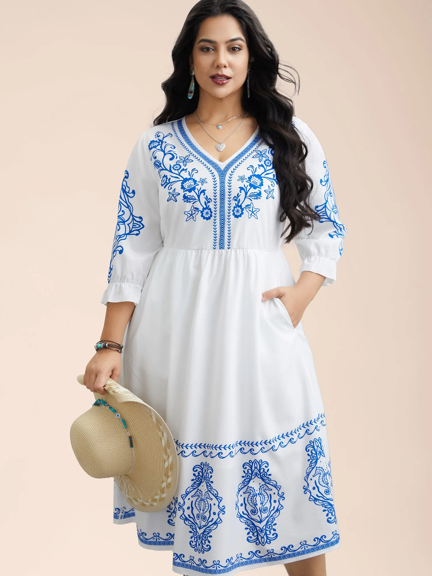 Boho Print Waist-Defined Ruffle Midi Dress sold by Bloomchic product image thumbnail 4
