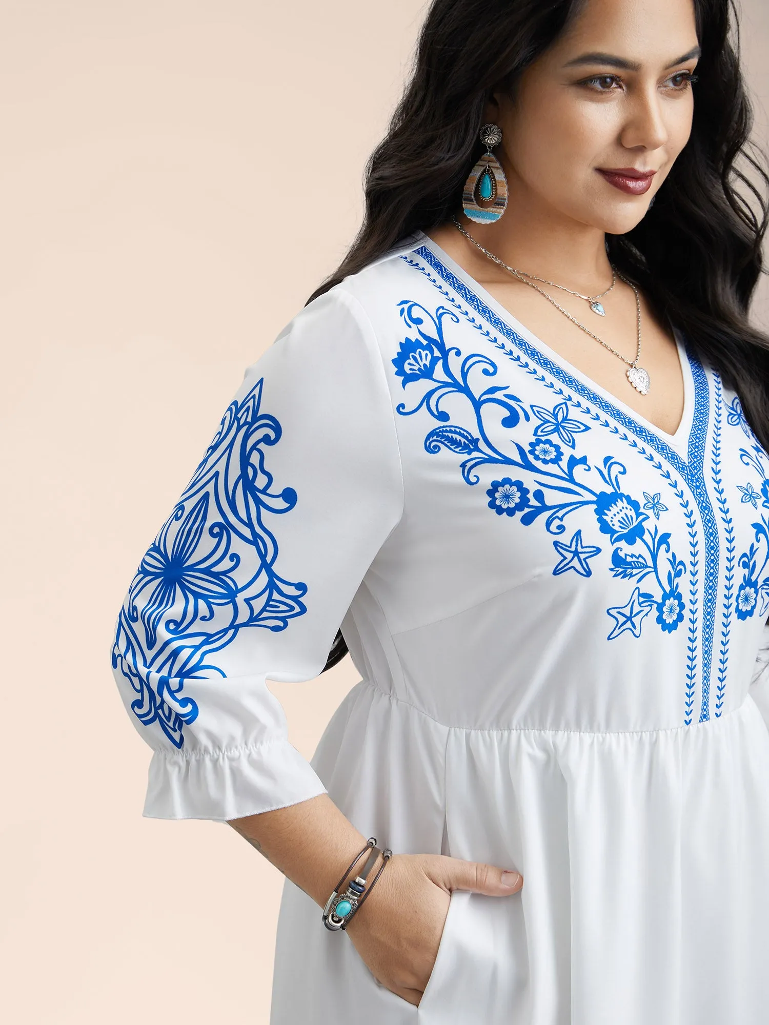 Boho Print Waist-Defined Ruffle Midi Dress sold by Bloomchic product image thumbnail 3