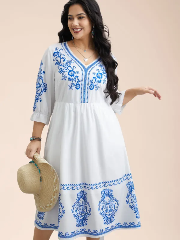 Boho Print Waist-Defined Ruffle Midi Dress sold by Bloomchic