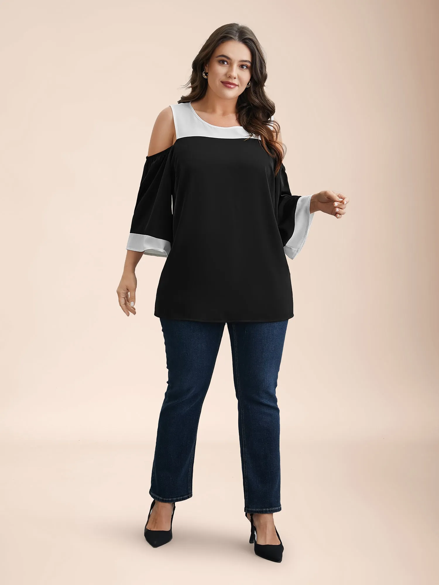 Color-Block Off-Shoulder Pleated Blouse sold by Bloomchic product image thumbnail 2